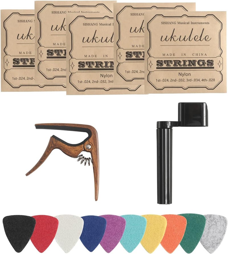 Donux Nylon Ukulele Strings Kit,Include 5 Sets Strings,10 Pieces Ukelele felt picks,Capo and String Winder for Soprano Concert and Tenor Ukele - Image 1
